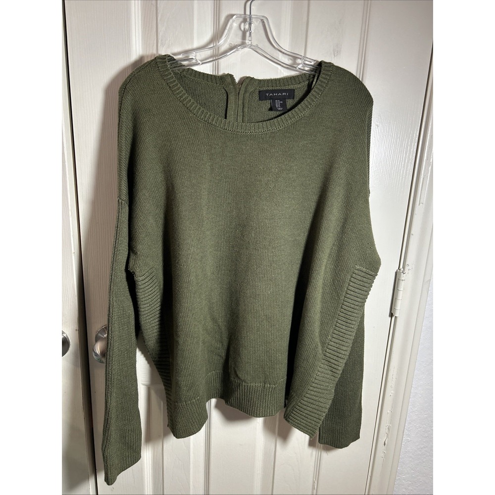 Tahari Women's Green Cotton/Poly Crew Neck Sweater Sz XL Zip Neck